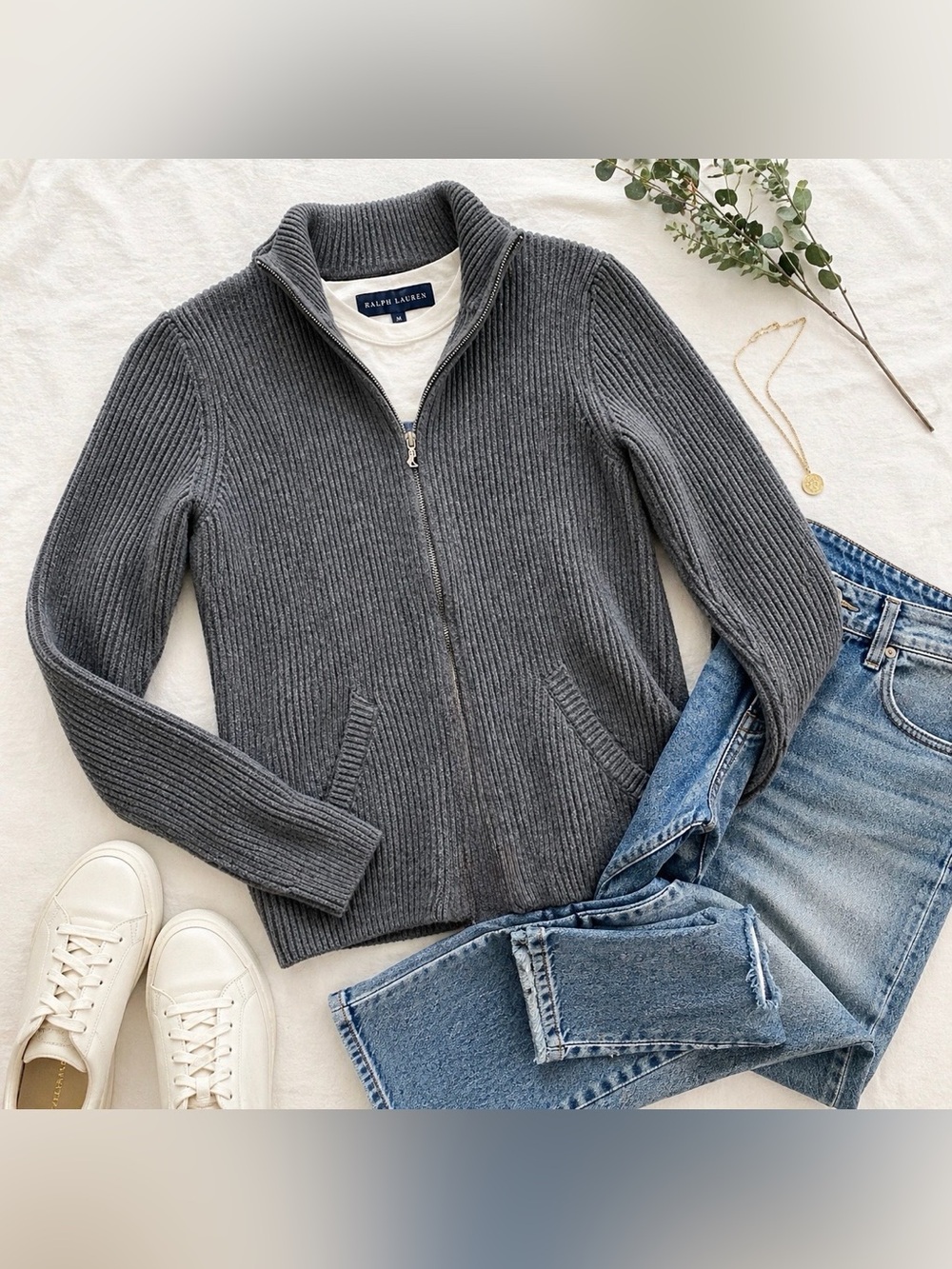 Lauren Ralph Lauren Ribbed Zip Sweater Women’s Medium Charcoal Cotton Full Zip